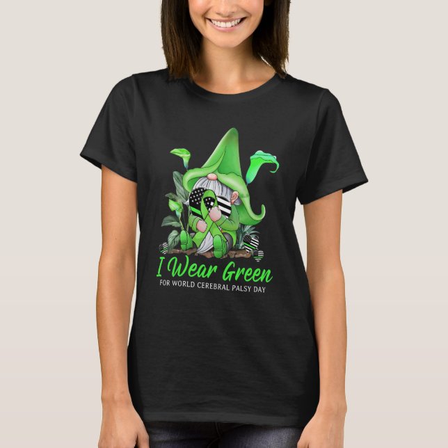Cute Gnome Holding Green Ribbon World Cerebral Pal T-Shirt (Front)
