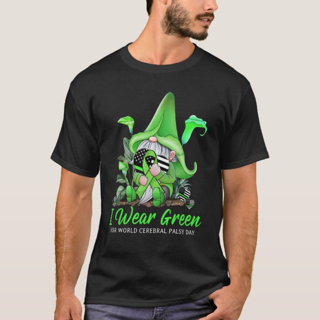 Cute Gnome Holding Green Ribbon World Cerebral Pal T-Shirt (Front)