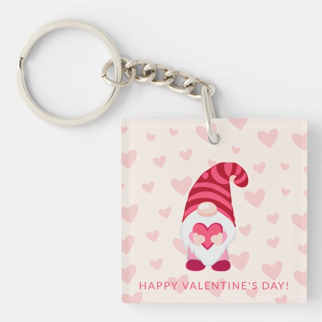 Cute Gnome Holding Heart Classroom Valentine's Day Key Ring (Front)