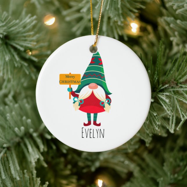 Cute Gnome Holding Placard with Greetings Ceramic Ornament (Tree)