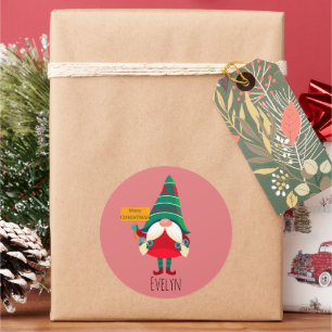 Cute Gnome Holding Placard with Greetings Classic Round Sticker