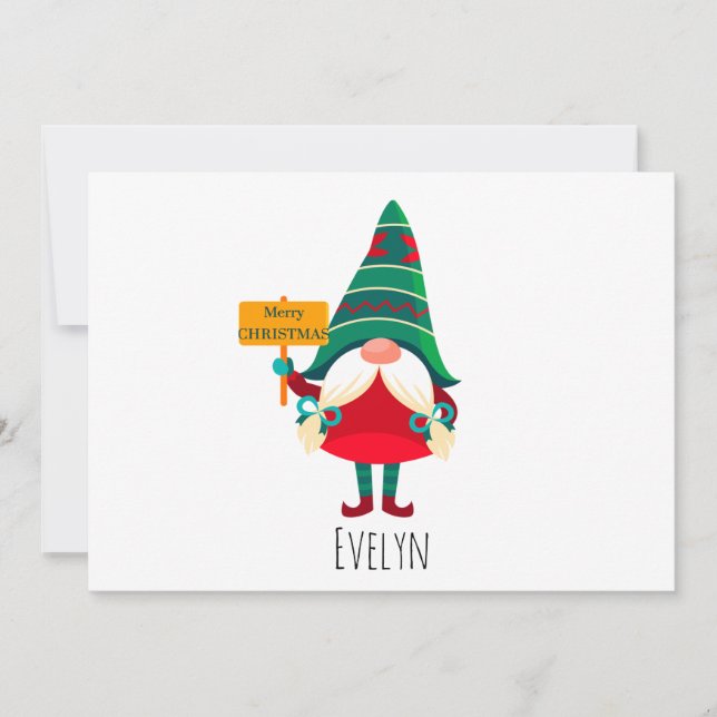 Cute Gnome Holding Placard with Greetings Holiday Card (Front)