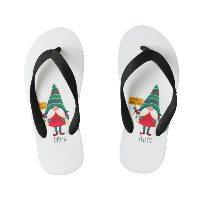 Cute Gnome Holding Placard with Greetings Kid's Thongs (Footbed)