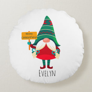 Cute Gnome Holding Placard with Greetings Round Cushion