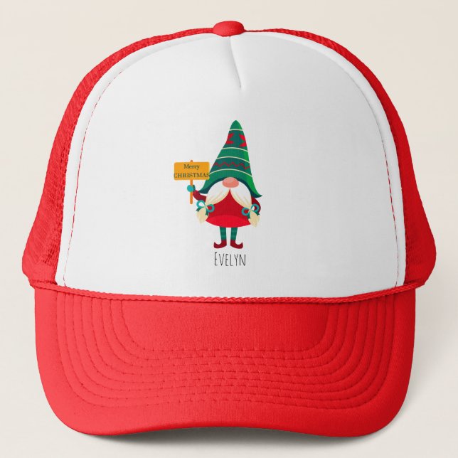 Cute Gnome Holding Placard with Greetings Trucker Hat (Front)