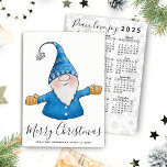Cute Gnome in Blue 2025 Calendar Merry Christmas Holiday Card<br><div class="desc">This unique Christmas Holiday card features a cute gnome illustration,  Merry Christmas greetings and a template text to type your Family name and the year. 2025 calendar is on the backside and is decorated with a snowflake pattern. Cheerful gnome is in blue on this design.</div>