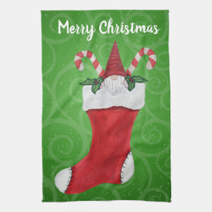Cute Gnome in Christmas Stocking on Swirls Tea Towel