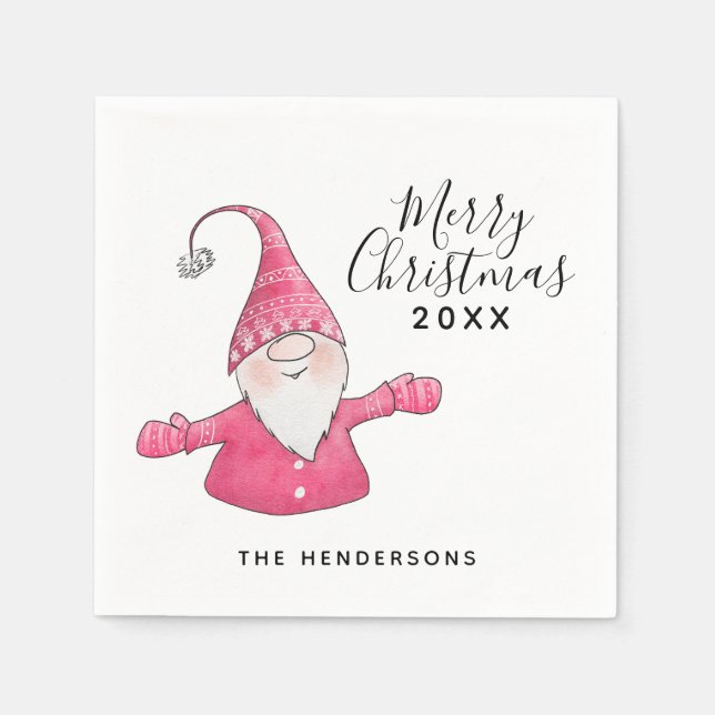 Cute Gnome in Pink Merry Christmas Napkin (Front)