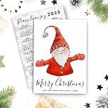 Cute Gnome in Red 2025 Calendar Merry Christmas Holiday Card<br><div class="desc">This unique Christmas Holiday card features a cute gnome illustration,  Merry Christmas greetings and a template text to type your Family name and the year. 2025 calendar is on the backside and is decorated with a snowflake pattern. Cheerful gnome is in red on this design.</div>