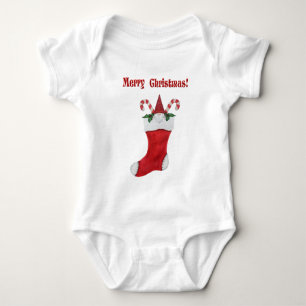 Cute Gnome in Red Christmas Stocking Candy Canes Baby Bodysuit