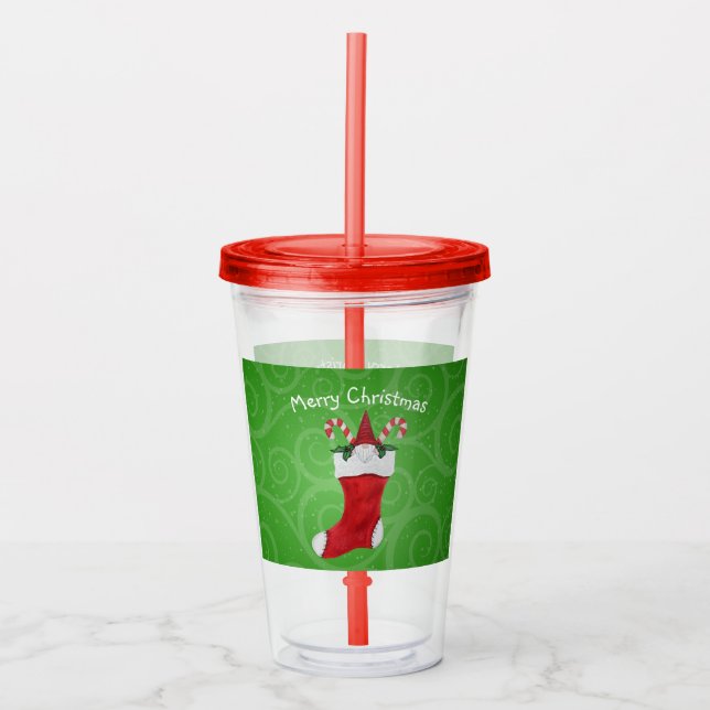 Cute Gnome in Red Christmas Stocking Green Swirls Acrylic Tumbler (Front)