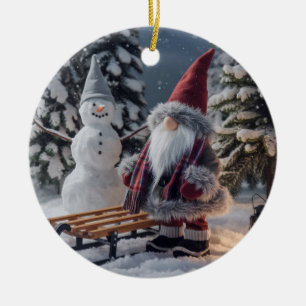 Cute gnome in Santa clothes with a sled Ceramic Ornament