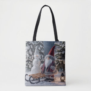 Cute gnome in Santa clothes with a sled Tote Bag