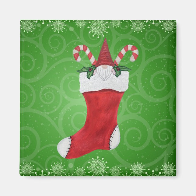 Cute Gnome in Stocking Green Swirls Snowflakes Magnet (Front)