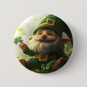 Cute gnome leprechaun with shamrocks and clovers 6 cm round badge