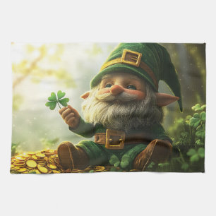 Cute gnome leprechaun with shamrocks and clovers tea towel