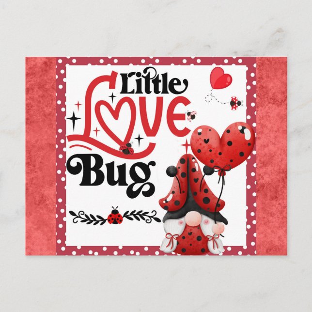 Cute Gnome Little Love Bug Ladybug Valentines Day Postcard (Front)