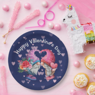 Cute Gnome Love and Hearts Valentine's Day Paper Plate