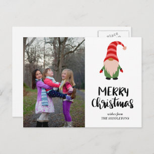 Cute Gnome Merry Christmas Script Family Photo Holiday Postcard