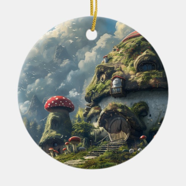 Cute gnome ,mushroom house  ceramic ornament (Front)