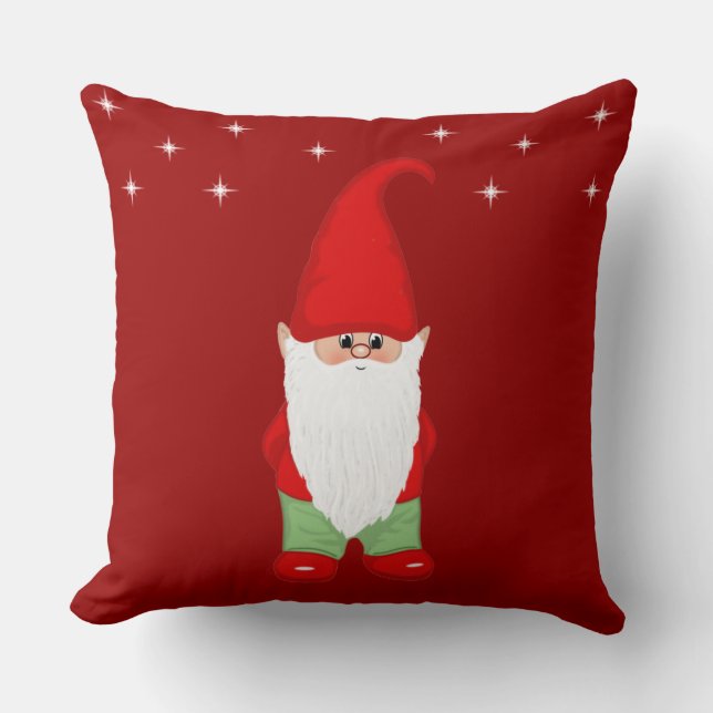 Cute Gnome on Crimson Red Cushion (Front)