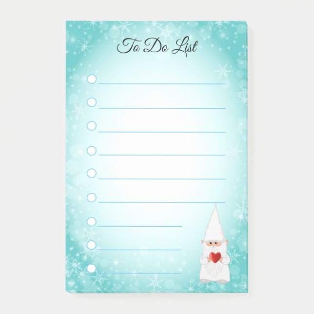 Cute gnome on turquoise & white lined post-it note (Front)