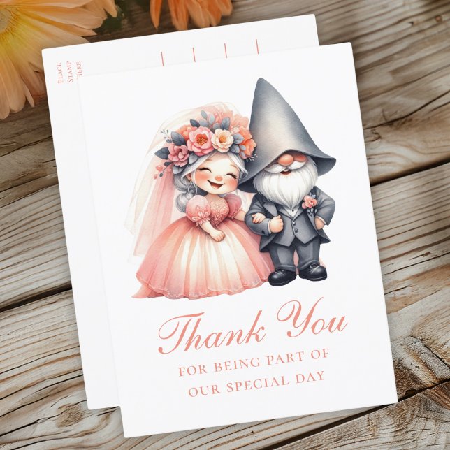 Cute Gnome Orange Wedding Thank You Whimsical Boho Postcard (Creator Uploaded)