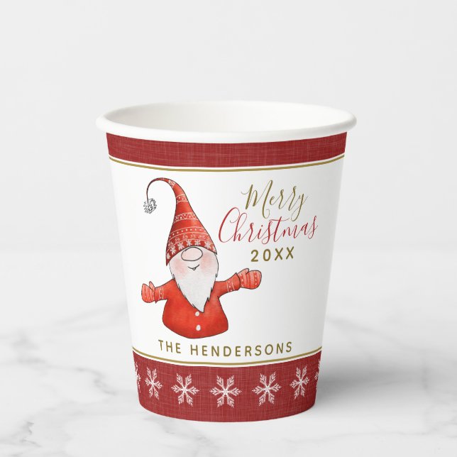 Cute Gnome Personalised Red White Christmas Party Paper Cups (Front)
