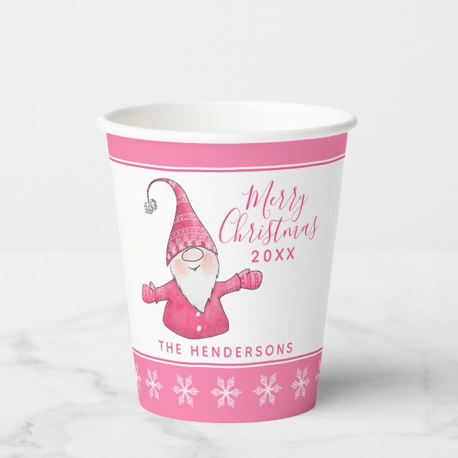 Cute Gnome Personalised White Pink Christmas Party Paper Cups (Front)