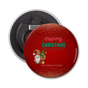Cute Gnome Pine Tree Confetti Red Merry Christmas  Bottle Opener