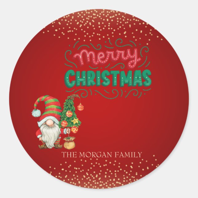 Cute Gnome Pine Tree Confetti Red Merry Christmas  Classic Round Sticker (Front)