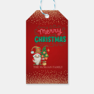Cute Gnome Pine Tree Confetti Red Merry Christmas Gift Tags