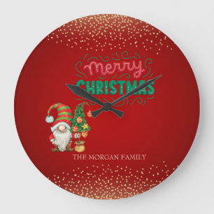 Cute Gnome Pine Tree Confetti Red Merry Christmas  Large Clock