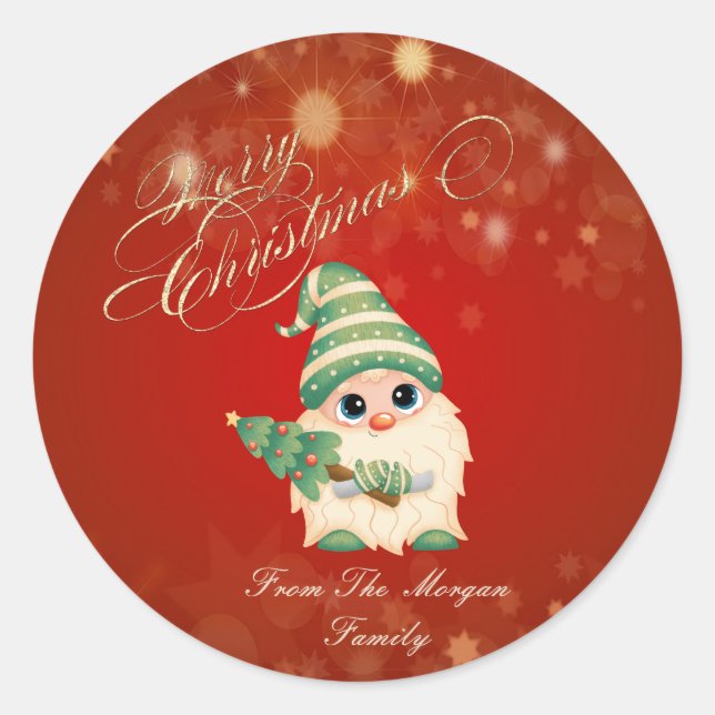 Cute Gnome Pine Tree Red Christmas Classic Round Sticker (Front)