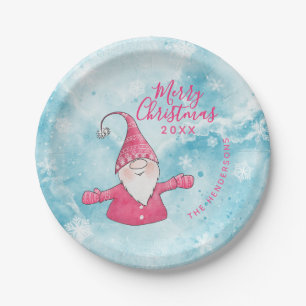 Cute Gnome Pink and Blue Custom Merry Christmas Paper Plate