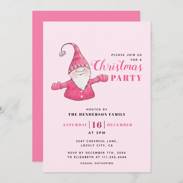Cute Gnome Pink Christmas Party Invitation (Front/Back)