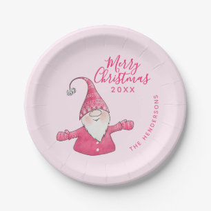 Cute Gnome Pink Custom Merry Christmas Paper Plate