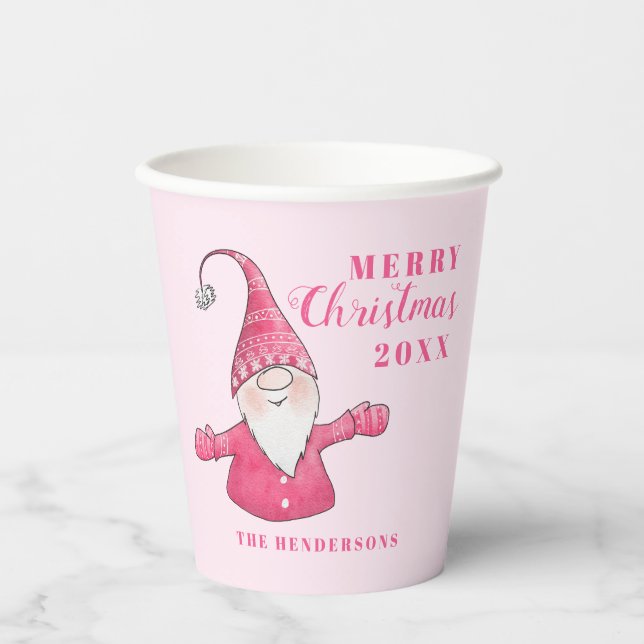 Cute Gnome Pink Personalised Merry Christmas Paper Cups (Front)