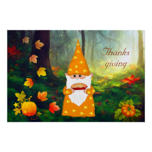 Cute Gnome, Pumpkins & Fall Leaves Thanksgiving Poster