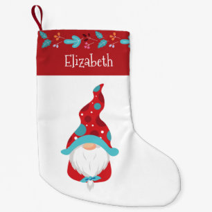 Cute Gnome Red Modern Leaf Border Holiday Name Small Christmas Stocking