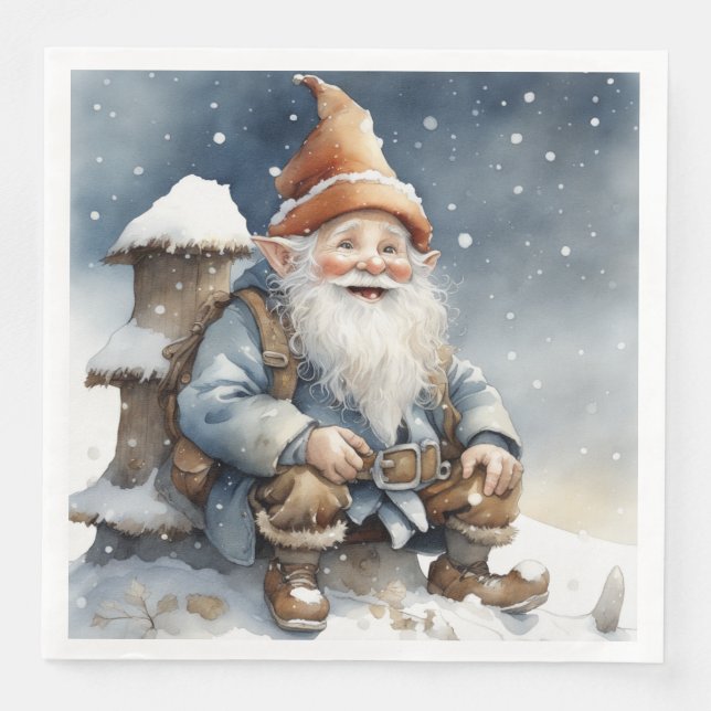 Cute Gnome Sitting by a Tree in the Snow Napkin (Front)