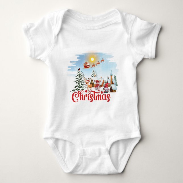 Cute Gnome, Snowman Celebrating Christmas Holiday Baby Bodysuit (Front)