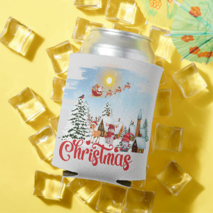 Cute Gnome, Snowman Celebrating Christmas Holiday Can Cooler