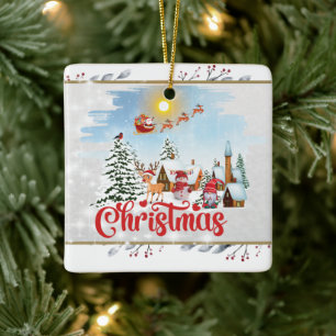 Cute Gnome, Snowman Celebrating Christmas Holiday Ceramic Ornament