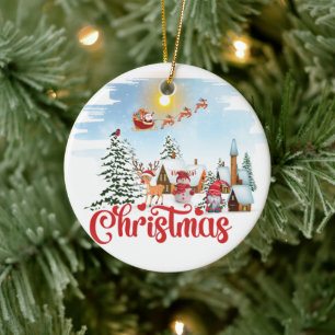 Cute Gnome, Snowman Celebrating Christmas Holiday Ceramic Ornament