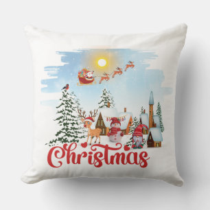 Cute Gnome, Snowman Celebrating Christmas Holiday Cushion