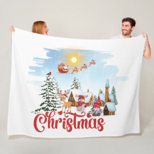 Cute Gnome, Snowman Celebrating Christmas Holiday Fleece Blanket