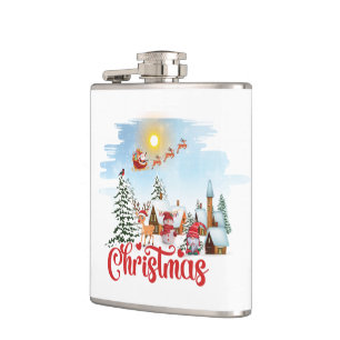 Cute Gnome, Snowman Celebrating Christmas Holiday Hip Flask
