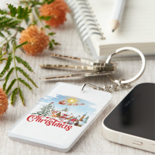 Cute Gnome, Snowman Celebrating Christmas Holiday Key Ring