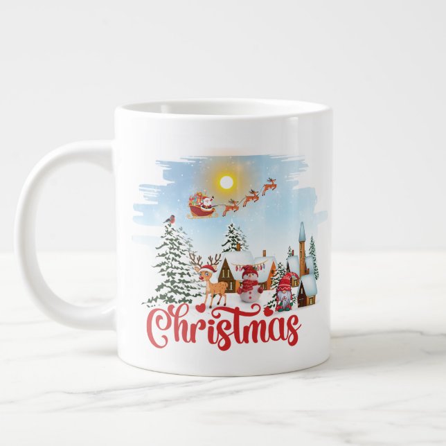 Cute Gnome, Snowman Celebrating Christmas Holiday Large Coffee Mug (Left)